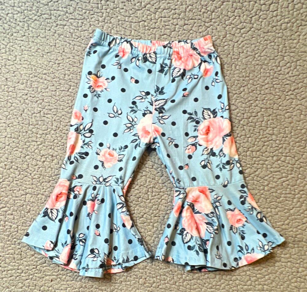 Girls Floral Bell-Bottom Pants Size 5 Blue Pink Pull On Stretch Knit Poly